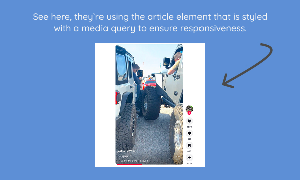 Screenshot of tiktok's website with an arrow pointing at the log in button to highlight the article element that is styled with a media query to ensure responsiveness